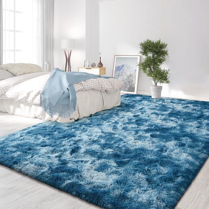 FlyDOIT Large Area Rugs for Living Room, 5x8 Feet Tie-Dyed Dark Blue Shaggy Rug - Image 3