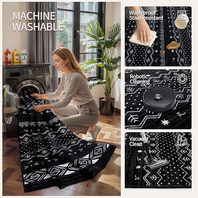 SERISSA 2x6 Kitchen Runner Rug, Washable Non-Slip Black and White Boho Rug - Image 3