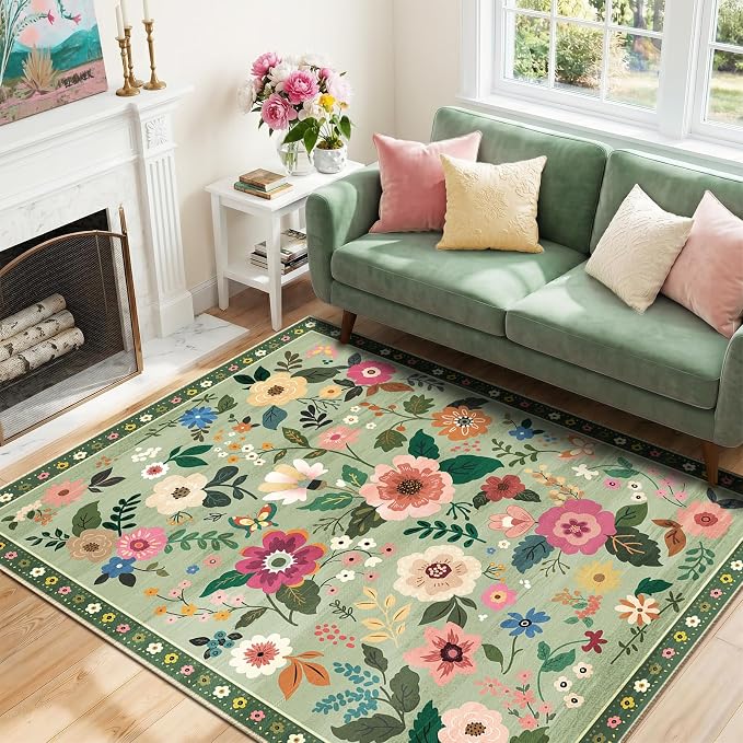 RELEANY Floral 4x6 Area Rugs Washable Print Boho Cute Carpet Non Slip Flower by RELEANY