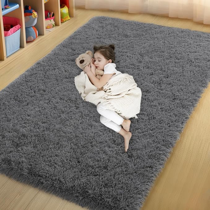 qulint 4x6 Bedroom Area Rug, Soft Fluffy Dark Grey Rug by QULINT
