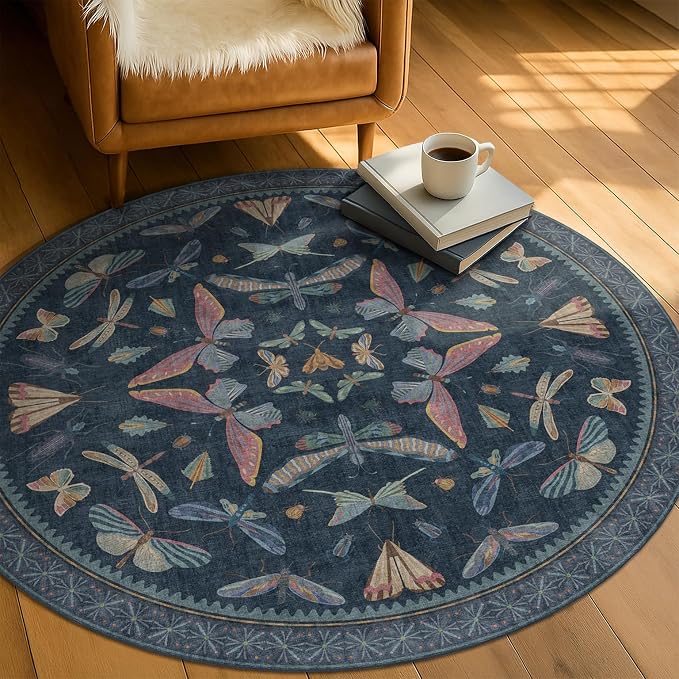 Vintage Dark Blue 4ft Round Area Rug, Washable Soft Circle Rug - Image 3