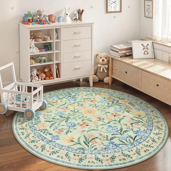 Wonnitar Washable Floral Round Rug, 6ft Sage Green Round Area Rugs by Wonnitar