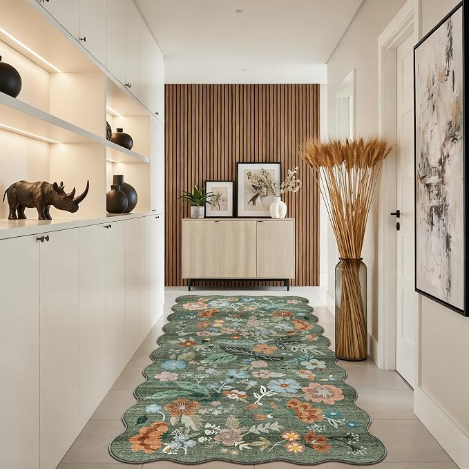 4x8 Washable Area Rug for Family: Stain Resistant Wide Floral Scalloped Kitchen - Image 6