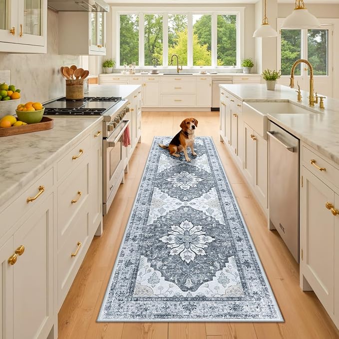 RELEANY Area Rugs Runner 2'x8' Washable Non-Slip, Floral Vintage Distress by RELEANY