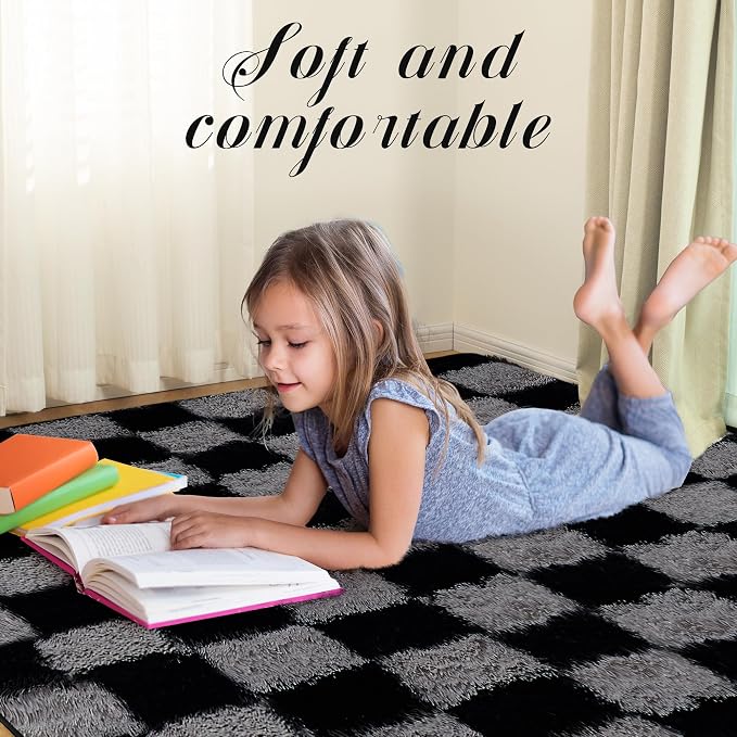 Super Soft Rug for Bedroom, 4x6 Ft Grey and Black Area Rug Classic Checkered - Image 3