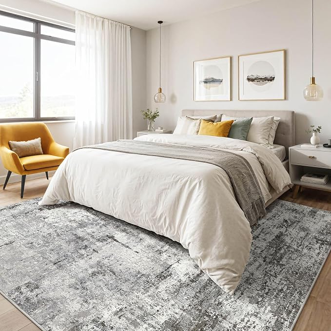 7x10 Area Rug Living Room: Washable Large Abstract Neutral Modern Soft Gray Rug - Image 4