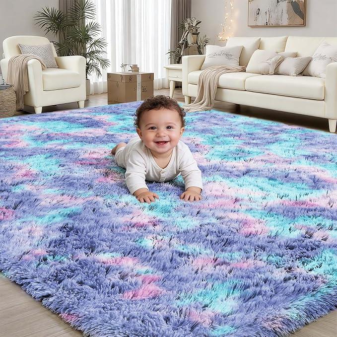 Rainbow Fluffy Rugs for Girls Bedroom: 5x7 Large Shag High Pile Area Rug by PLHXFRSoftAreaRugs