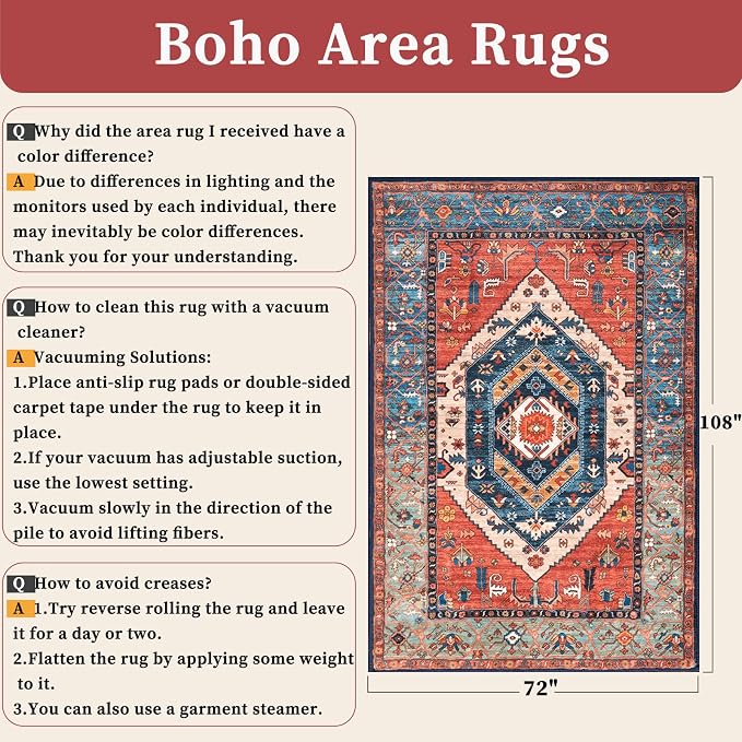 SERISSA Washable Rugs 6x9 Area Rugs, Large Non-Slip Boho Living Room Rust Rug - Image 2