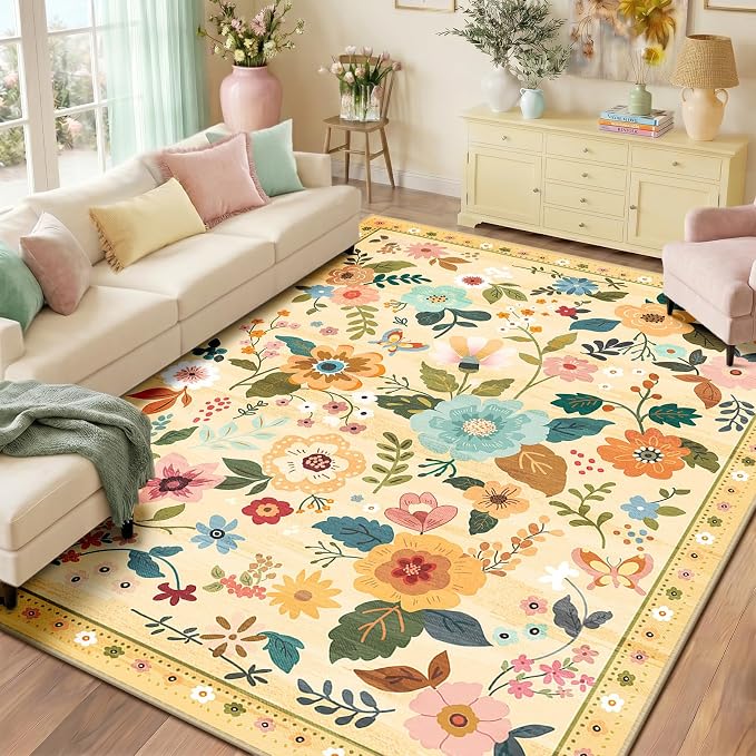 RELEANY Floral 9x12 Area Rugs Washable Print Boho Cute Carpet Non Slip Flower by RELEANY