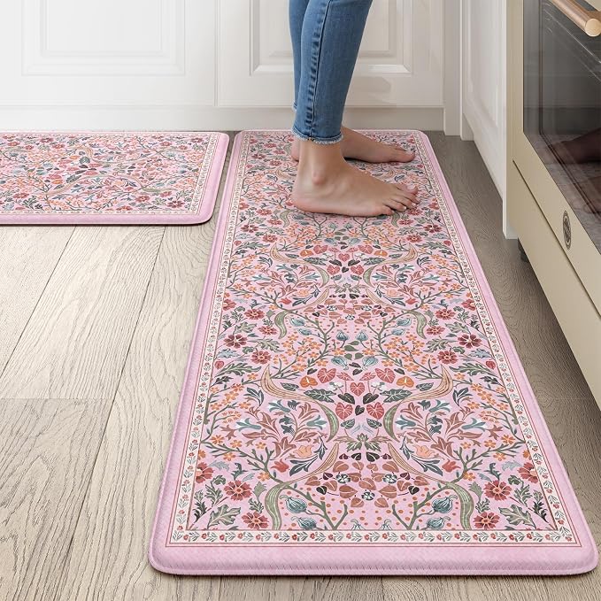 Collive Kitchen Mats for Floor, Cushioned Anti Fatigue Mat Pink Floral Rugs 2 by Collive