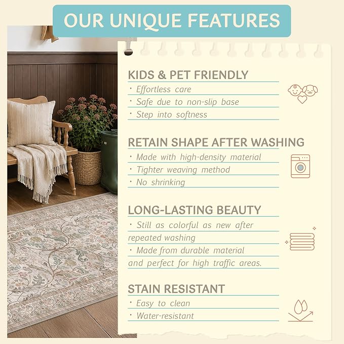 Traditional Floral Moss 2x5 Bathroom Runner Rug Non Slip - Image 5