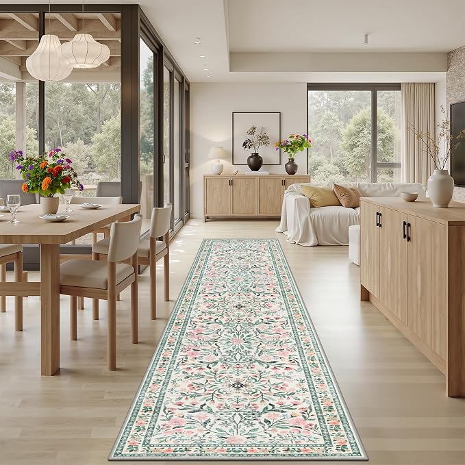 Runner Rug for Entryway: 3x10 Kitchen Rugs Floral Washable Rug Green/Beige | - Image 4