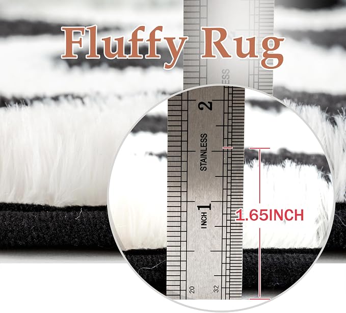 PureCozy Checkered Rug 4x6 Fluffy Shag Living Room Black and White Area Rug - Image 2
