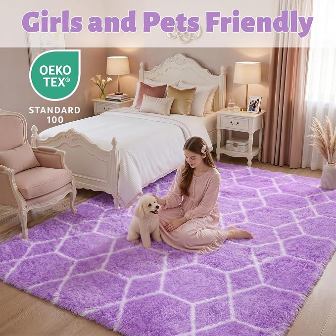 ONASAR Area Rugs for Bedroom Living Room, 4x6 Fluffy Purple and White Throw Rug - Image 3