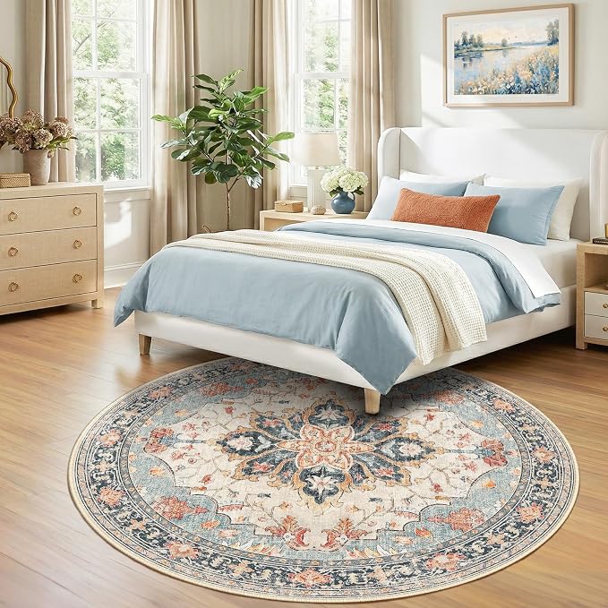 RELEANY Area Rugs Round 7ft Washable Non-Slip, Floral Vintage Distress - Image 2