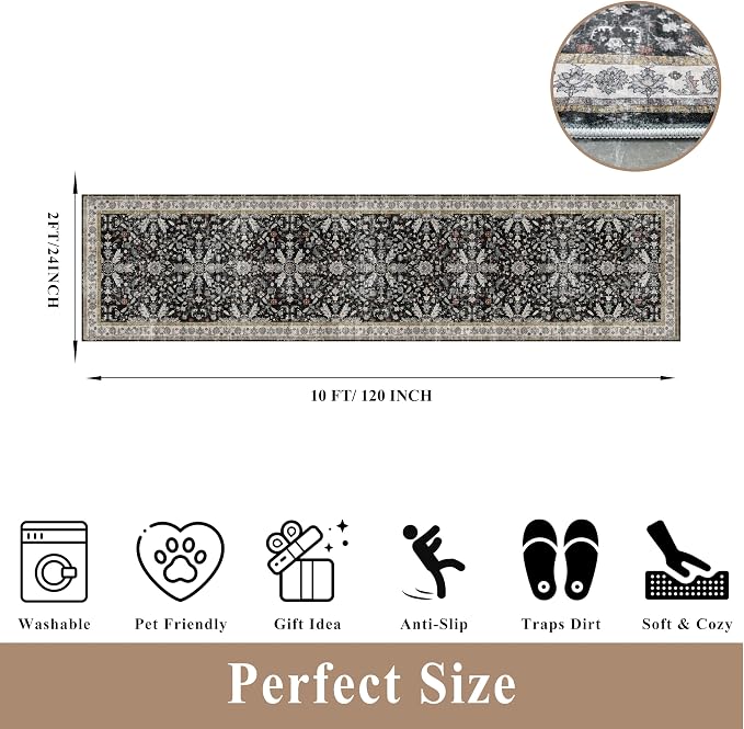 2x10 Hallway Runner Rug Non Slip Washable – Boho Floral Long Floor Carpet Runner - Image 2