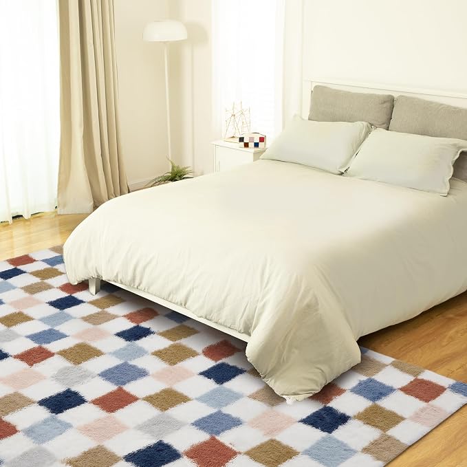 Super Soft Rug for Bedroom, 6x9 Ft Rainbow Area Rug Classic Checkered Shaggy - Image 4