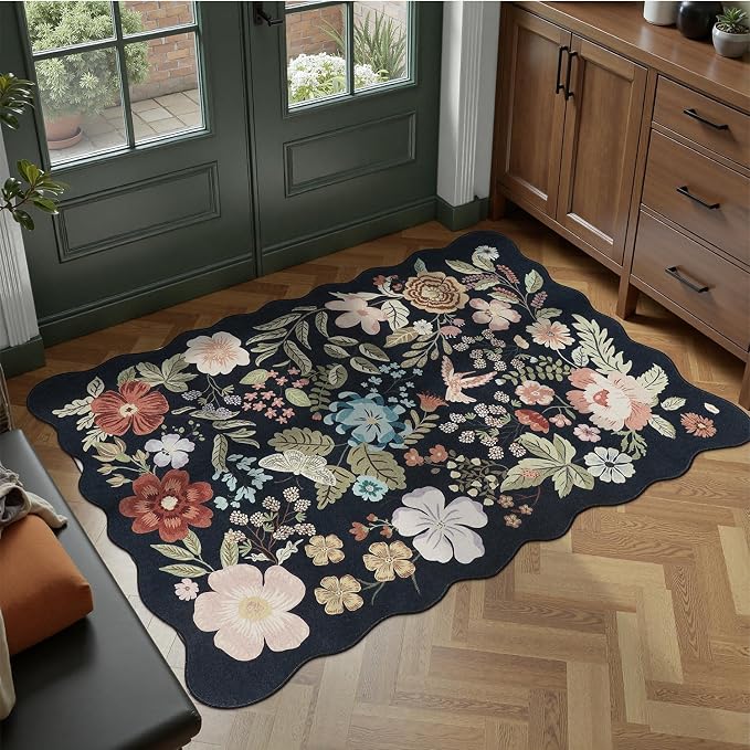 DCX Black Floral Rug 3x5, Washable Black Rug - Image 2
