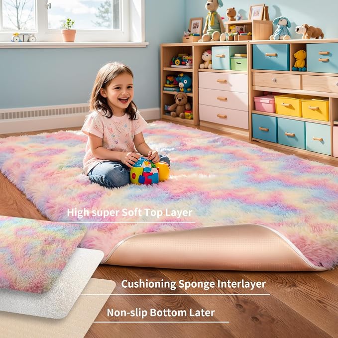 KICHOWUA Thick Area Rug 5x7 Rainbow Fluffy Shag - Image 4