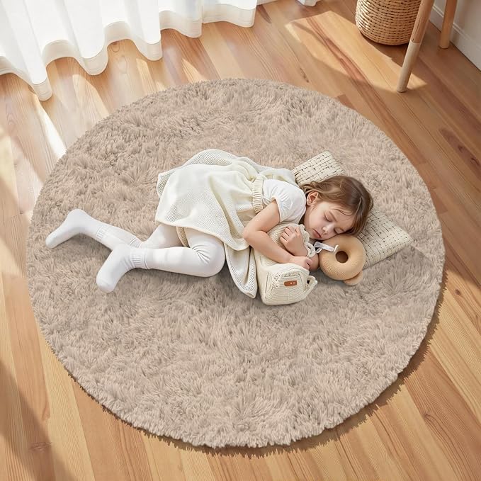 Beige Round Fluffy Rug 5ft, Soft Bedroom Circle Rugs Mats - Image 4