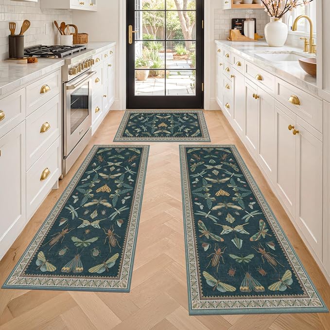 JTJ Botanical Insect Kitchen Rug Set of 3, Washable and Non-Slip Low Pile Floor - Image 5