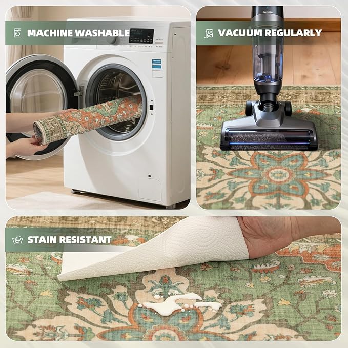Washable 2x3 Entry Rug, Floral Vintage Design Area Rug, Non Slip Laundry Room - Image 2