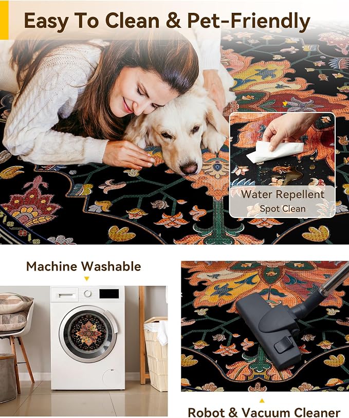 RELEANY Area Rugs Round 7ft Washable Non-Slip, Floral Vintage Distress - Image 5