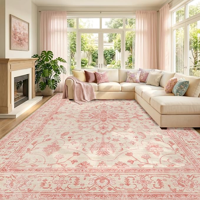 RELEANY Area Rugs 8'x10' Washable Non-Slip, Floral Vintage Distress Medallion by RELEANY