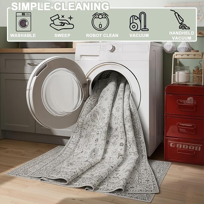 Floral Hallway Runner Grey Carpet Non-Slip, Kitchen Mat Stain Resistant - Image 4