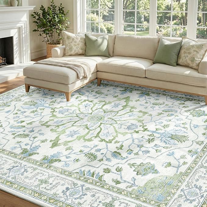 RELEANY Area Rugs 7'x10' Washable Non-Slip, Floral Vintage Distress Medallion by RELEANY