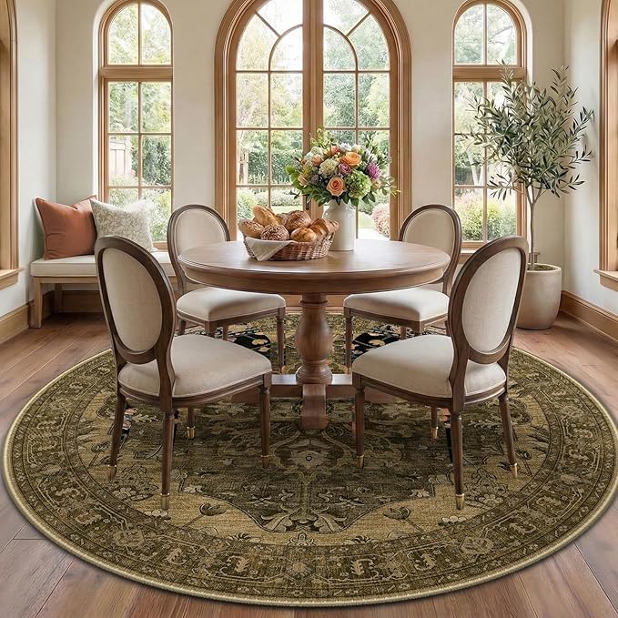 RELEANY Area Rugs Round 7ft Washable Non-Slip, Floral Vintage Distress by RELEANY