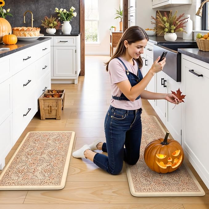 Collive Kitchen Mats Cushioned Anti Fatigue, Fall Vintage Floral Kitchen Rug - Image 6
