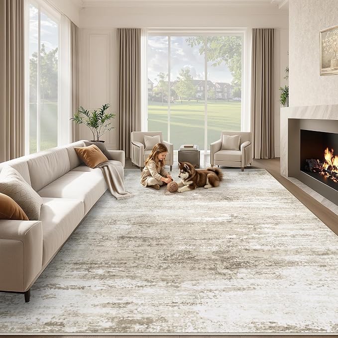 Washable Rug 9x12 Area Rugs for Living Room: Large Neutral Soft Rug Abstract by LOSBULAKE