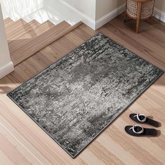 Entrance Rugs Indoor 2x4 Black Entry Rug Washable Abstract Black Small Area Rug - Image 3