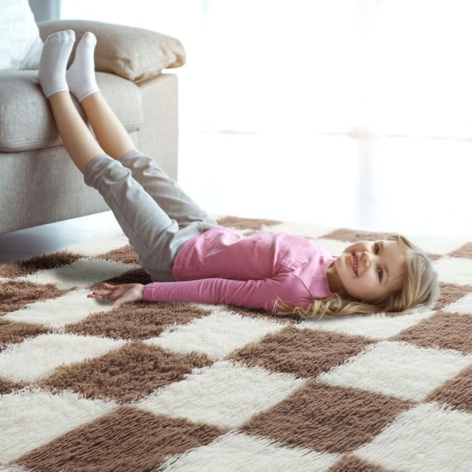 KICMOR Living Room Rug 5x8 Brown and Cream White, Large Fluffy Shag Fuzzy - Image 8