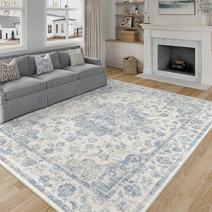 10x14 Neutral Area Rug Blue Vintage Living Room Bedroom Washable Carpet - Image 3