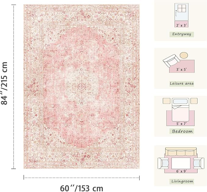 Latte&Fog Entryway Pink Rug, Vintage Floral 2x3 Washable Area Rugs - Image 2