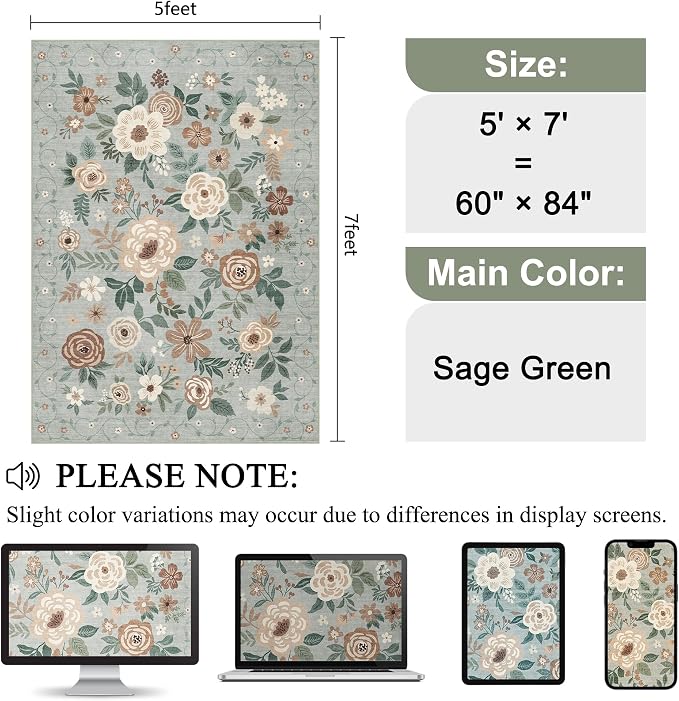 DUKINO 5x7 Area Rug, Floral Design, Lightweight Non Slip Washable, Indoor Low - Image 2