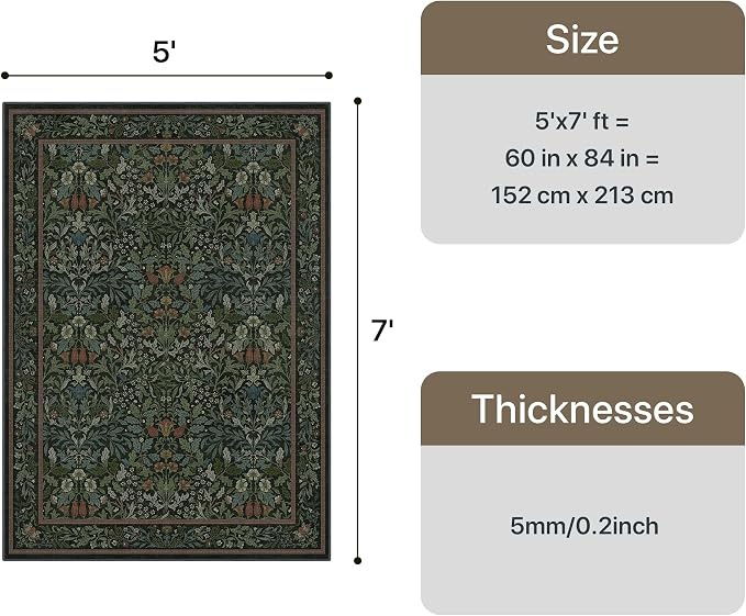 GENIMO Area Rugs 5x7 Washable, Dark Green Non Slip Vintage Boho Floral Carpet - Image 2