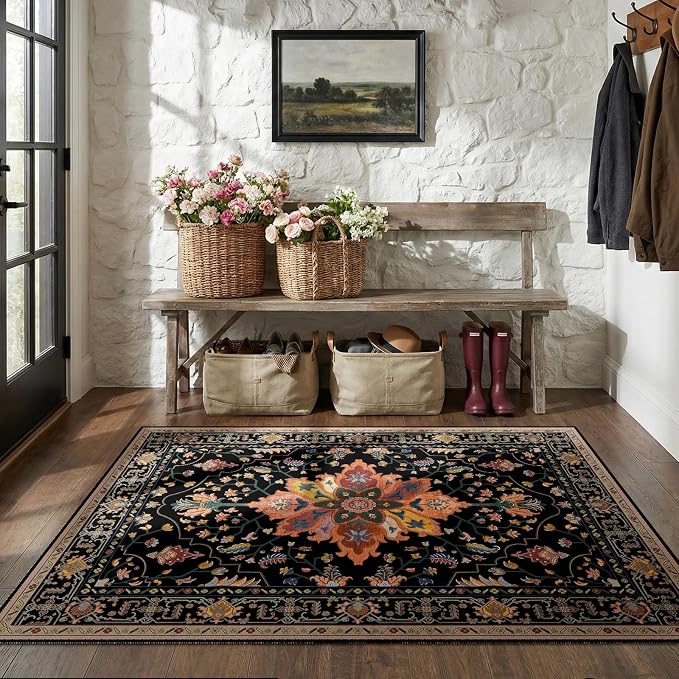 RELEANY Area Rugs 4'x5' Washable Non-Slip, Floral Vintage Distress Medallion - Image 2