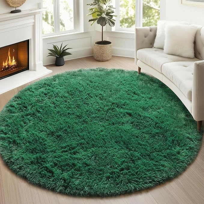 ONASAR Dark Green Round Area Rugs 5ft, Fluffy Soft Bedroom Circle Rug - Image 4