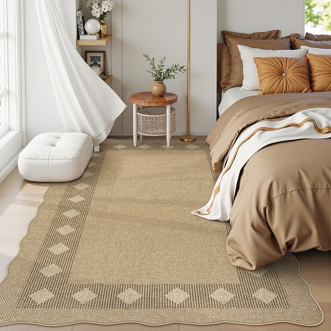 LIVEBOX Easy Jute Diamond Rug for Living Room, Scalloped Washable 5x7 Tan Rug - Image 3