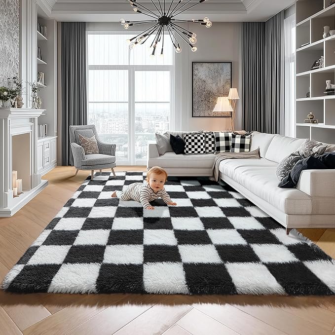 KICMOR Rugs for Living Room, 5x8 Area Rug Black and White Fluffy Shag Soft - Image 5