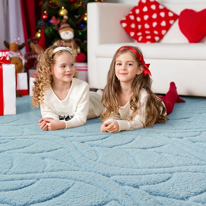 5x7 Blue Washable Area Rug for Bedroom Living Room, Leaf Geometric Patter Shag - Image 3