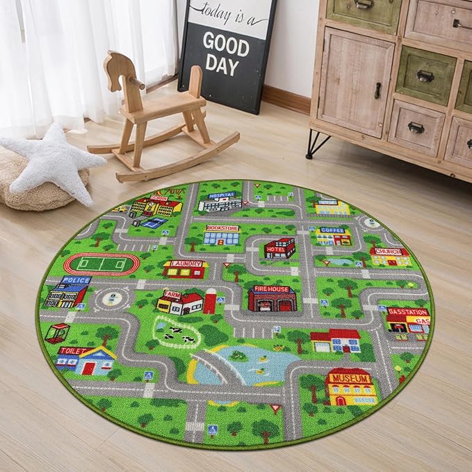 Capslpad Green Car Road Kid Rug Carpet Playmat by CapslpadDirect