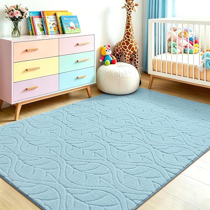 4x6 Blue Washable Area Rug for Bedroom, Leaf Geometric Patter Shag Non-Slip - Image 4