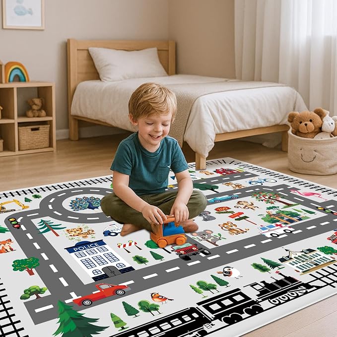 Kids Playroom Rug, Non Slip Washable Area Rug, City Road Car Track Carpet - Image 2
