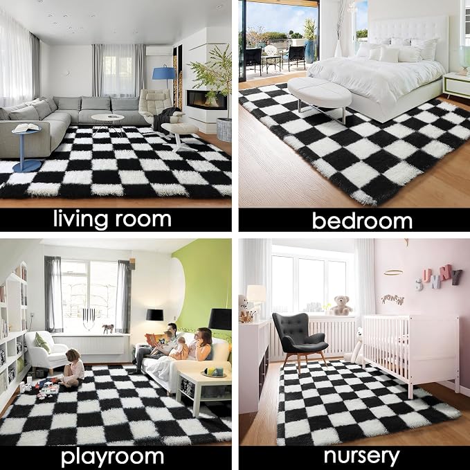 KICMOR 7x9 Area Rug for Living Room Bedroom, Large Black and White Checkered - Image 7