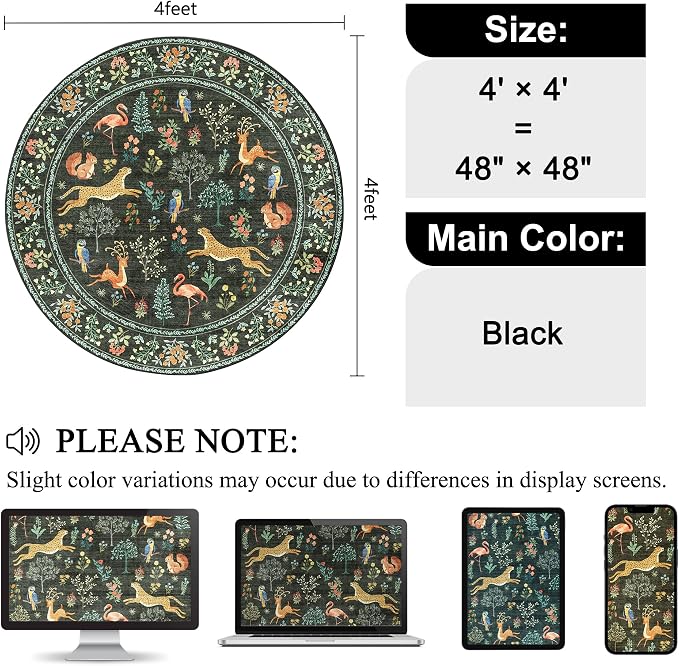 DUKINO 4ft Round Rug, Washable Round Area Rug, Non Slip Indoor Low Pile Animal - Image 2