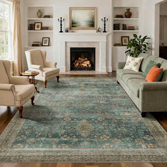 Latte&Fog 8x10 Area Rugs for Living Room, Large Vintage Green Washable Rug by LatteFog